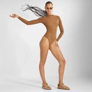 SKIMS Brown Monogram Long-Sleeve High-Cut Bodysuit